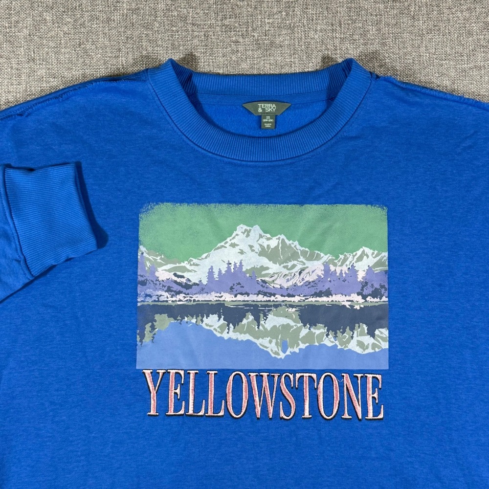 Terra & Sky Yellowstone Graphic Sweatshirt Womens 2X Blue Gorpcore Nature Hiking